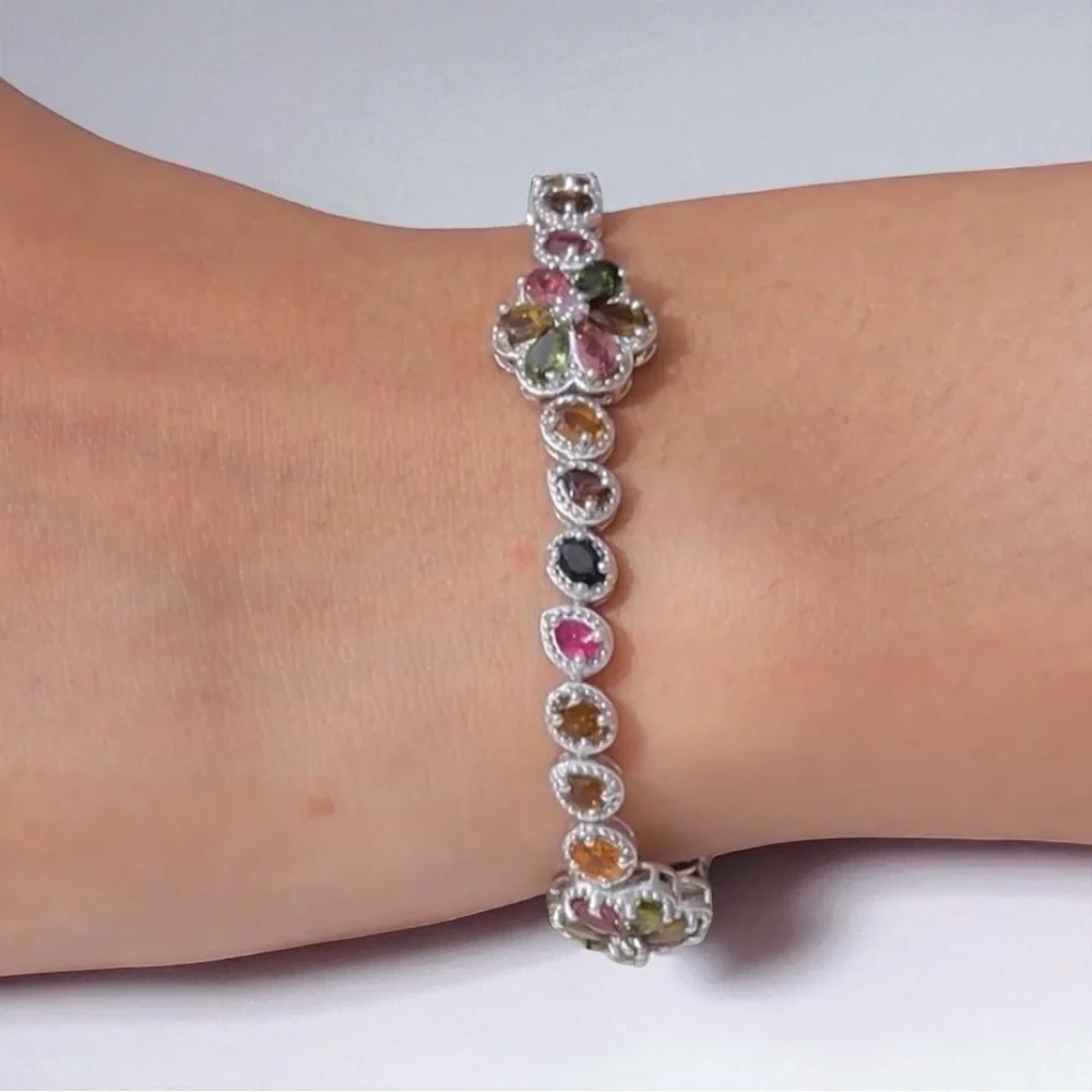 Multi-Tourmaline 8.6ctw Floral Sterling Silver Bracelet